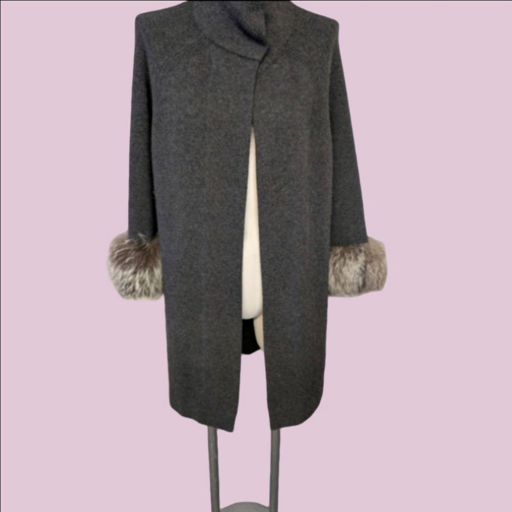 TSE Sweater Coat Gray Wool Natural Fox Cuff Single Top Button L NWT